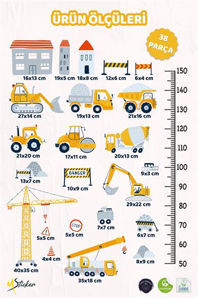 İş Makinaları Temalı Boy Cetvelli Çocuk Bebek Odası Sticker Seti Boy Cetveli İş Makinalı Sticker