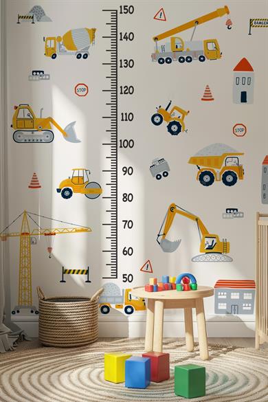 İş Makinaları Temalı Boy Cetvelli Çocuk Bebek Odası Sticker Seti Boy Cetveli İş Makinalı Sticker