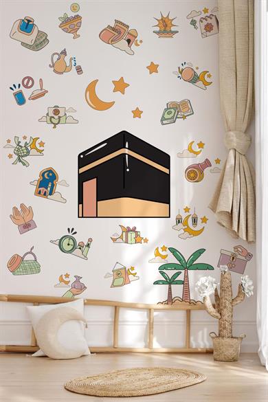 Kabe ve Ramazan Figürleri Temalı Cam Duvar Sticker Seti, Ramazan-ı Şerif Sticker Seti Çocuk Bebek 