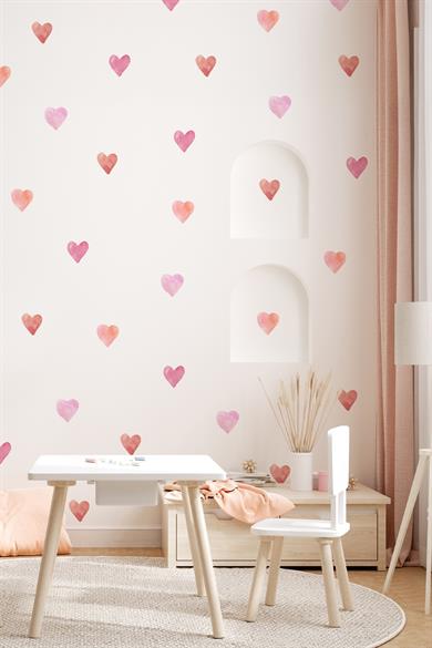 Kalp Sticker Seti, 77 adet Pembe Tonlarda Özel Kesim Duvar Cam Çocuk Odası Sticker, Soft Kalpler