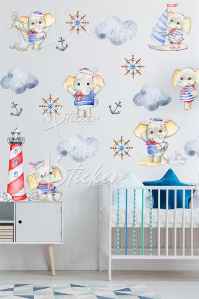 Kaptan Fil ve Arkadaşları Sevimli Çocuk Bebek Odası Sticker Seti, Cam Duvar Sticker Çocuk Odası