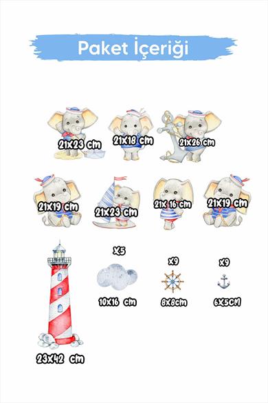 Kaptan Fil ve Arkadaşları Sevimli Çocuk Bebek Odası Sticker Seti, Cam Duvar Sticker Çocuk Odası