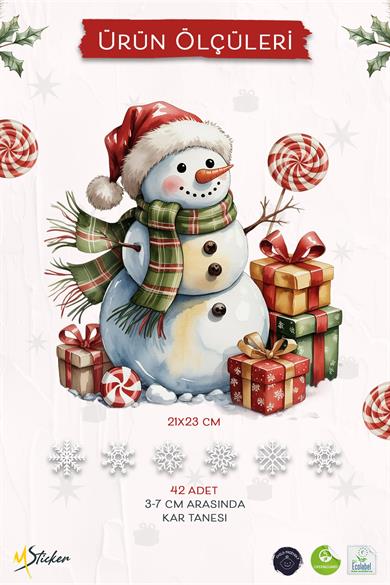 Kardan Adam Çift Taraflı Cam Sticker Seti – 42 Parça Kar Taneleriyle - Çift Taraflı Yeni Yıl Sticker