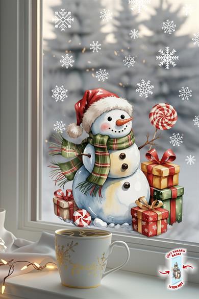 Kardan Adam Çift Taraflı Cam Sticker Seti – 42 Parça Kar Taneleriyle - Çift Taraflı Yeni Yıl Sticker