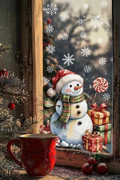 Kardan Adam Çift Taraflı Cam Sticker Seti – 42 Parça Kar Taneleriyle - Çift Taraflı Yeni Yıl Sticker