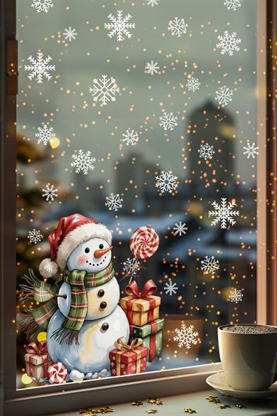 Kardan Adam Çift Taraflı Cam Sticker Seti – 42 Parça Kar Taneleriyle - Çift Taraflı Yeni Yıl Sticker