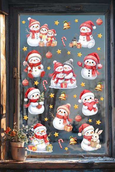 Kardan Adamlı Yılbaşı Pencere Sticker Seti | Çift Taraflı Görünüm | Suya Dayanıklı - Yeni Yıl Süsü