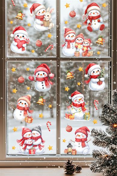 Kardan Adamlı Yılbaşı Pencere Sticker Seti | Çift Taraflı Görünüm | Suya Dayanıklı - Yeni Yıl Süsü