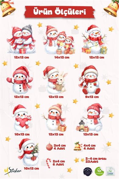 Kardan Adamlı Yılbaşı Pencere Sticker Seti | Çift Taraflı Görünüm | Suya Dayanıklı - Yeni Yıl Süsü