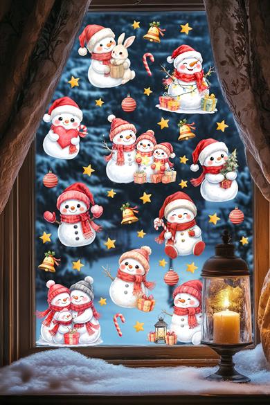 Kardan Adamlı Yılbaşı Pencere Sticker Seti | Çift Taraflı Görünüm | Suya Dayanıklı - Yeni Yıl Süsü