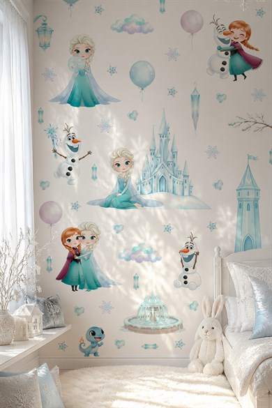 Karlar Ülkesi Temalı Duvar Sticker Seti 84 Parça | Elsa, Anna, Olaf Buz Şatosu Çocuk Odası Sticker