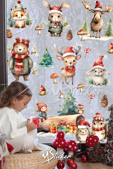 Karlı Orman Kış Konseptli Yeni Yıl Cam Duvar Sticker Seti, Sevimli Hayvanlar Yılbaşı Sticker