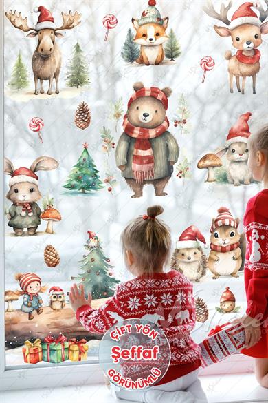 Karlı Orman ŞEFFAF Kış Konseptli Yeni Yıl Cam Duvar Sticker Seti, Sevimli Hayvanlar Yılbaşı Sticker