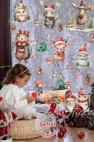 Karlı Orman ŞEFFAF Kış Konseptli Yeni Yıl Cam Duvar Sticker Seti, Sevimli Hayvanlar Yılbaşı Sticker