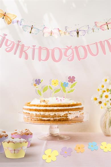 Kelebek ve Çiçekler Temalı Doğum Günü Konsepti Süsleme Seti , Cupcake Süsü Flama Etiket
