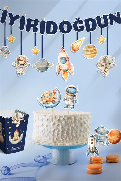 Astronotlar ve Uzay Figürleri Temalı Doğum Günü Konsepti Süsleme Seti , Cupcake Süsü Flama Etiket