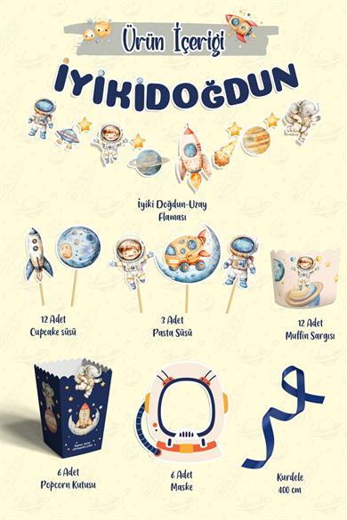 Astronotlar ve Uzay Figürleri Temalı Doğum Günü Konsepti Süsleme Seti , Cupcake Süsü Flama Etiket