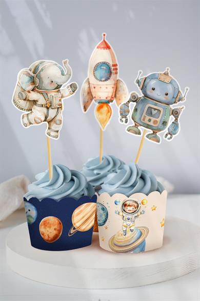 Astronotlar ve Uzay Figürleri Temalı Doğum Günü Konsepti Süsleme Seti , Cupcake Süsü Flama Etiket