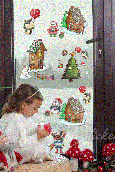 Kış Konseptli Sevimli Yeni Yıl Sticker Seti, Yılbaşı Kurabiyeleri ve Evler Penguins Yeni Yıl Sticker