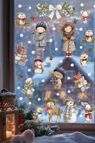 Kış Masalı Cam Sticker Seti – Sevimli Hayvanlar ve Çocuk Figürleri, Çift Taraflı Baskı, 98 Parça