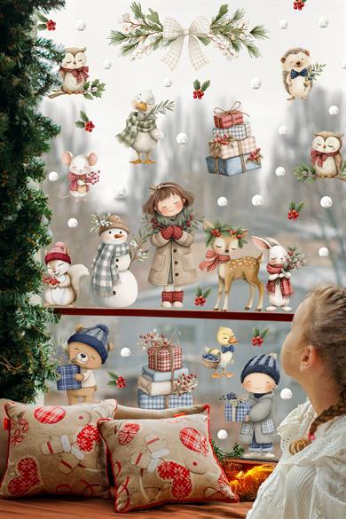 Kış Masalı Cam Sticker Seti – Sevimli Hayvanlar ve Çocuk Figürleri, Çift Taraflı Baskı, 98 Parça