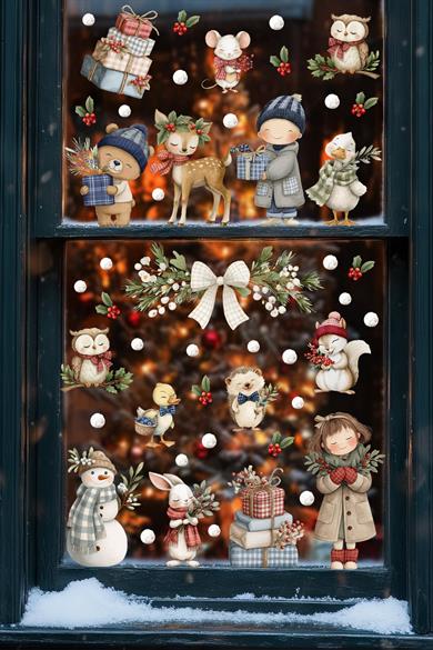 Kış Masalı Cam Sticker Seti – Sevimli Hayvanlar ve Çocuk Figürleri, Çift Taraflı Baskı, 98 Parça