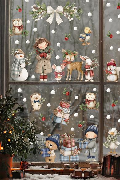 Kış Masalı Cam Sticker Seti – Sevimli Hayvanlar ve Çocuk Figürleri, Çift Taraflı Baskı, 98 Parça
