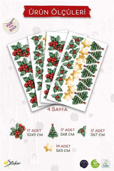 Kokina Çiçeği 2 Yılbaşı Süsü Yılbaşı Sticker Yılbaşı Hediyesi Cam Duvar Sticker Seti