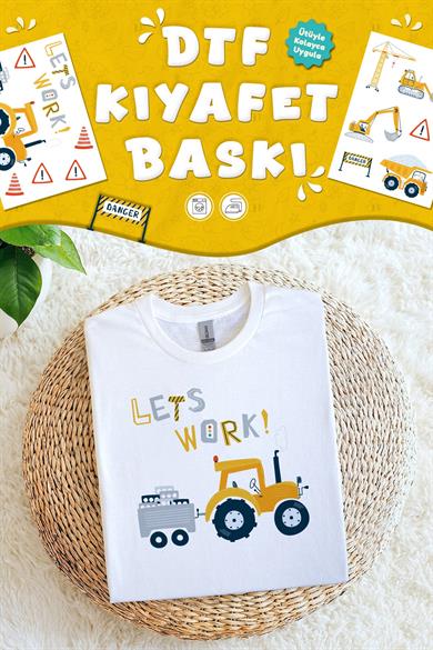 Kumaşa Baskı Yapılabilen Özel Tasarım Ütü Ile Yapışan Tekstil Dtf Baskı Görseli İş Makinası Temalı 