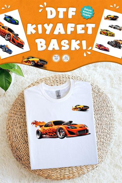 Kumaşa Baskı Yapılabilen Özel Tasarım Ütü Ile Yapışan Tekstil Dtf Baskı Görseli Arabalar Temalı 