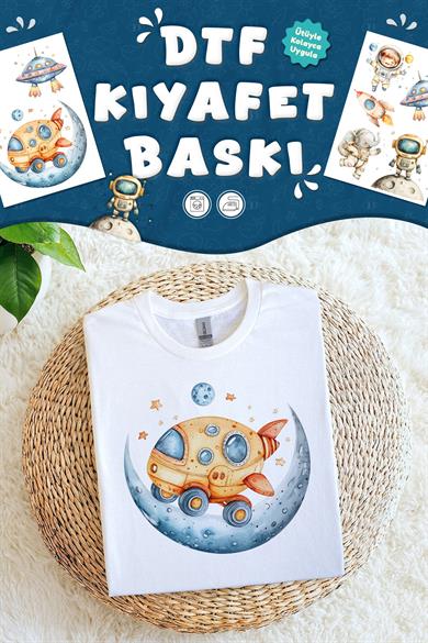 Kumaşa Baskı Yapılabilen Özel Tasarım Ütü Ile Yapışan Tekstil Dtf Baskı Görseli Uzay Temalı 