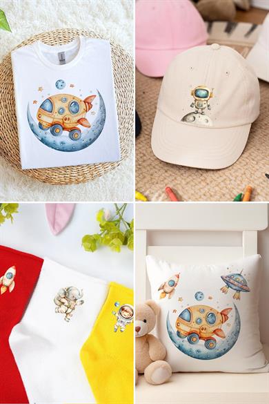 Kumaşa Baskı Yapılabilen Özel Tasarım Ütü Ile Yapışan Tekstil Dtf Baskı Görseli Uzay Temalı 