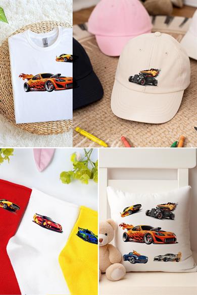 Kumaşa Baskı Yapılabilen Özel Tasarım Ütü Ile Yapışan Tekstil Dtf Baskı Görseli Arabalar Temalı 