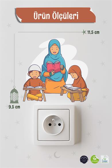 Kuran Okuyan Sevimli Aile Priz Sticker Seti Duvar Cam Sticker Ramazan Süsü Mini Sticker