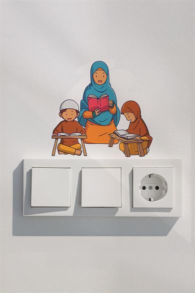 Kuran Okuyan Sevimli Aile Priz Sticker Seti Duvar Cam Sticker Ramazan Süsü Mini Sticker
