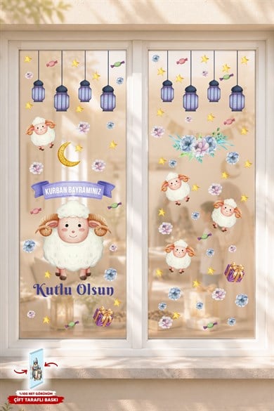 Kurban Bayramı Çift Taraflı Cam Sticker Seti 88 Parça Pencere ve Cam Süsü, Bayram Kuzulu Sevimli
