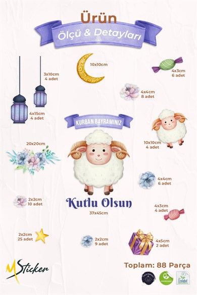 Kurban Bayramı Çift Taraflı Cam Sticker Seti 88 Parça Pencere ve Cam Süsü, Bayram Kuzulu Sevimli