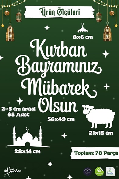 Kurban Bayramınız Mübarek Olsun Cam Sticker Seti Çift Taraflı Beyaz Baskı 78 Parça Bayram Tebrik