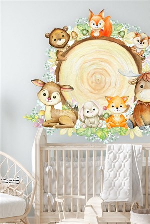 Kütükte Sevimli Hayvanlar Çocuk Bebek Odası Duvar Sticker(85x100c