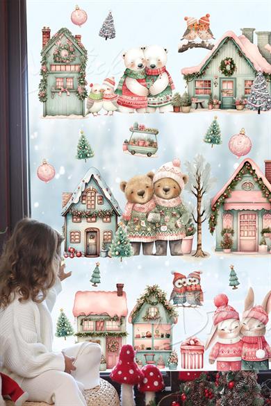 Mahallede Kış Sevinci Sevimli Hayvanlar ve Karlı Evler Yılbaşı Sticker Süsü Yeni Yıl Kış Konsepti