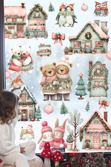 Mahallede Kış Sevinci Sevimli Hayvanlar ve Karlı Evler Yılbaşı Sticker Süsü Yeni Yıl Kış Konsepti