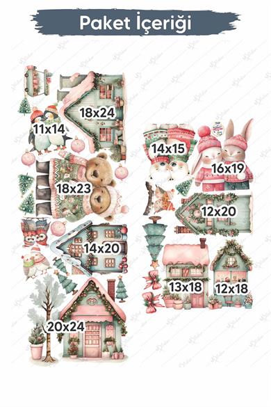 Mahallede Kış Sevinci Sevimli Hayvanlar ve Karlı Evler Yılbaşı Sticker Süsü Yeni Yıl Kış Konsepti