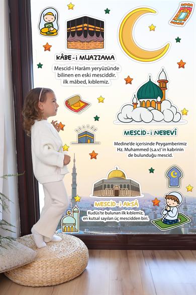 Mescid-i Aksa Mescid-i Nebevi Kabe-i Muazzama Ve Sevimli İslami Figürlerden Oluşan Eğitici Öğretici Cam Duvar Ramazan Sticker Seti Ramazan Süsü