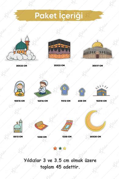 Mescid-i Aksa Mescid-i Nebevi Kabe-i Muazzama Ve Sevimli İslami Figürlerden Oluşan Eğitici Öğretici Cam Duvar Ramazan Sticker Seti Ramazan Süsü