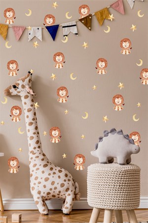 Minik Aslan Ay ve Yıldızlar Çocuk Bebek Odası Duvar Sticker Seti