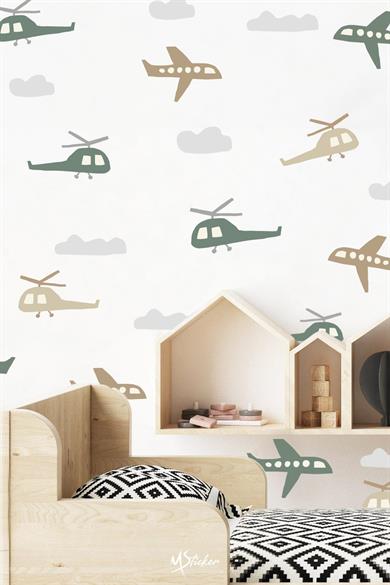 Minik Uçaklar ve Helikopterler Soft Renklerde Çocuk Bebek Odası Sticker Seti