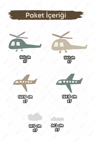 Minik Uçaklar ve Helikopterler Soft Renklerde Çocuk Bebek Odası Sticker Seti