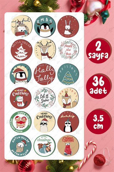 Mutlı Yıllar Sticker 3,5 cm 36 Adet - Suya Dayanıklı Yeni Yıl Yılbaşı Sticker 