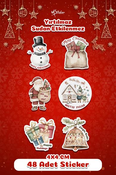 Mutlı Yıllar Sticker 4 cm 48 Adet - Suya Dayanıklı Yeni Yıl Yılbaşı Sticker , Hediye Paketi Süsü