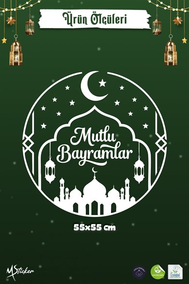 Mutlu Bayramlar Cami Temalı Cam Sticker Çift Taraflı Beyaz Baskı 55x55 cm Cam Sticker Özel Baskı